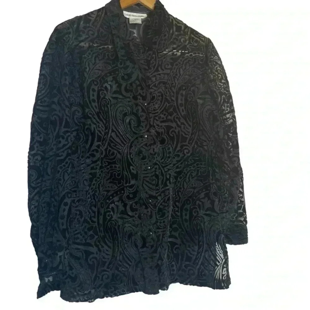 Vintage Black Velvet Burnout‎ Sheer Button Up Blouse Small Whimsigoth Party